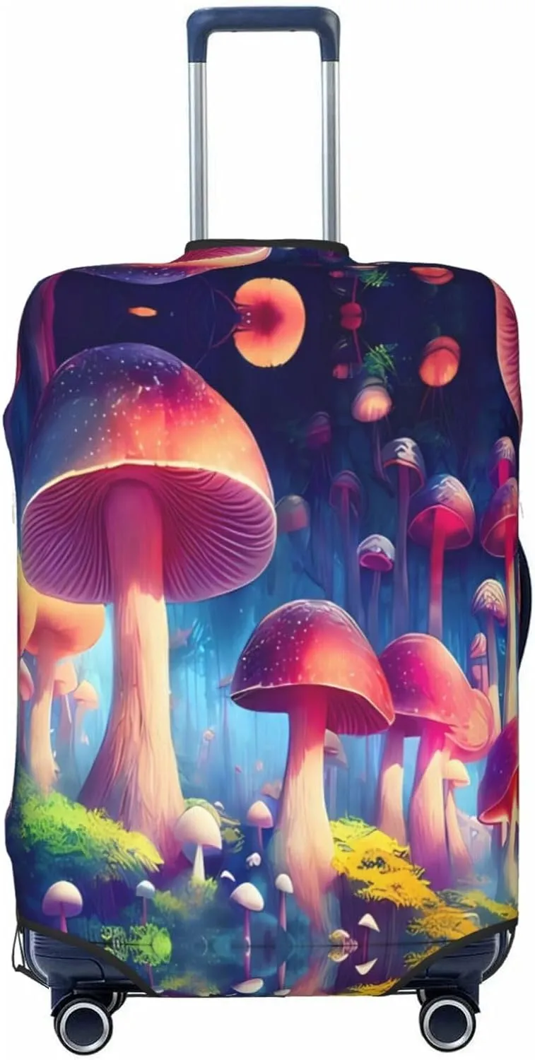 Travel Luggage Cover Suitcase Stretch Washable Glowing Forest Mushrooms Psychedelic Suitcase Protector Bag,Spandex Double-Sided Baggage Covers,Large