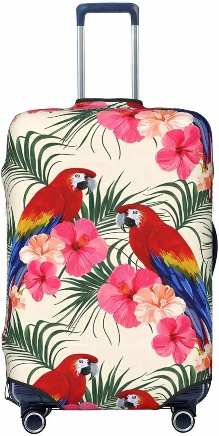 Travel Luggage Cover Suitcase Stretch Washable Tropical Floral Parrots Palm Leaves Suitcase Protector Bag,Dust-Proof Baggage Covers,Medium
