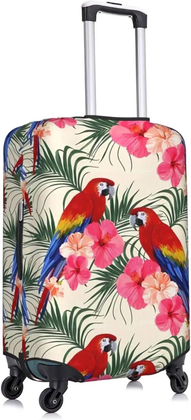 Travel Luggage Cover Suitcase Stretch Washable Tropical Floral Parrots Palm Leaves Suitcase Protector Bag,Dust-Proof Baggage Covers,Medium