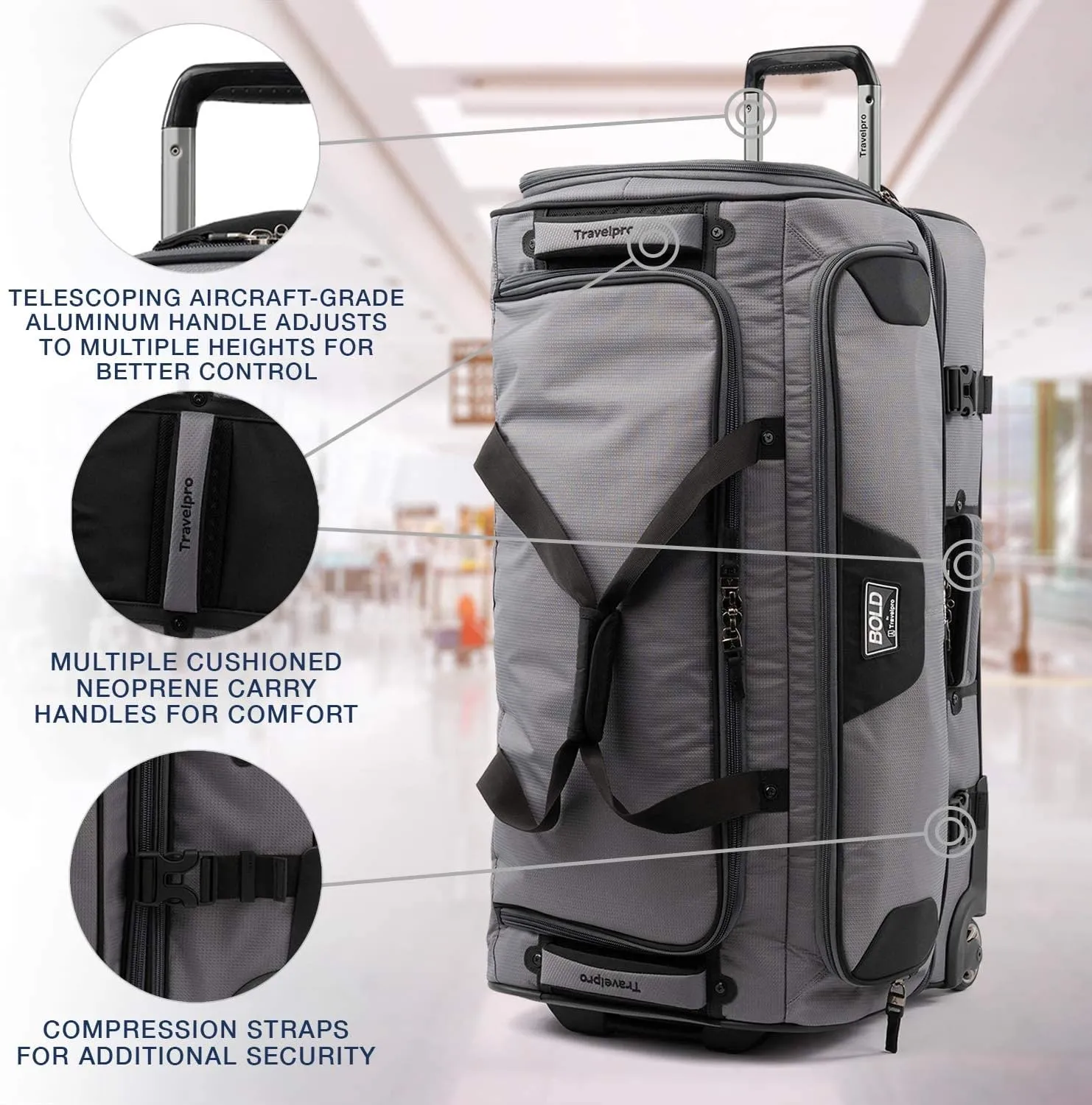 Travelpro Bold Drop Bottom Wheeled Rolling Duffel Bag, Grey/Black, 30-Inch