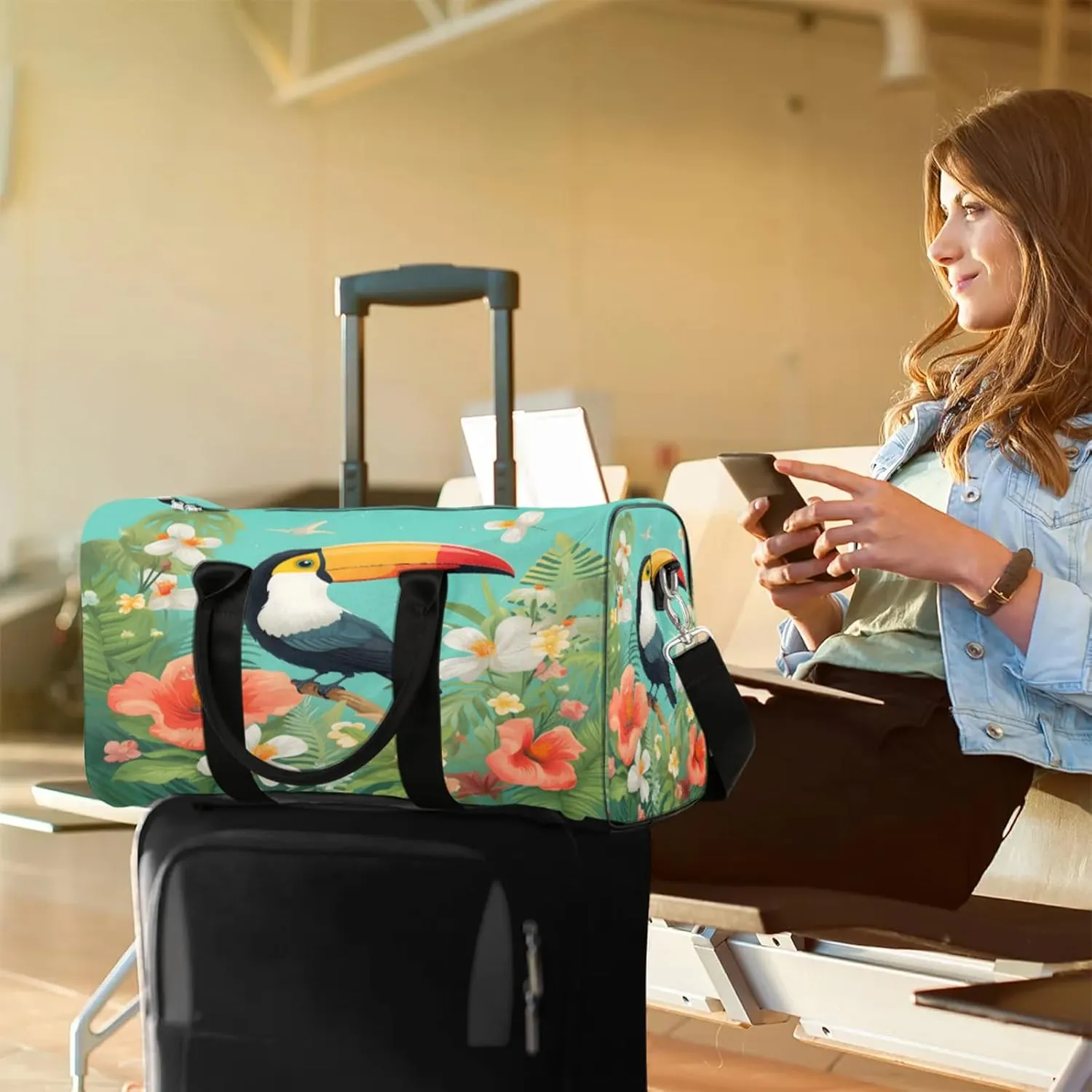 Tropical Toucan Bird Travel Duffle Bag, Sports Gym Bags for Women Men, Carry On Weekender Overnight Workout Airplane Trips Bag
