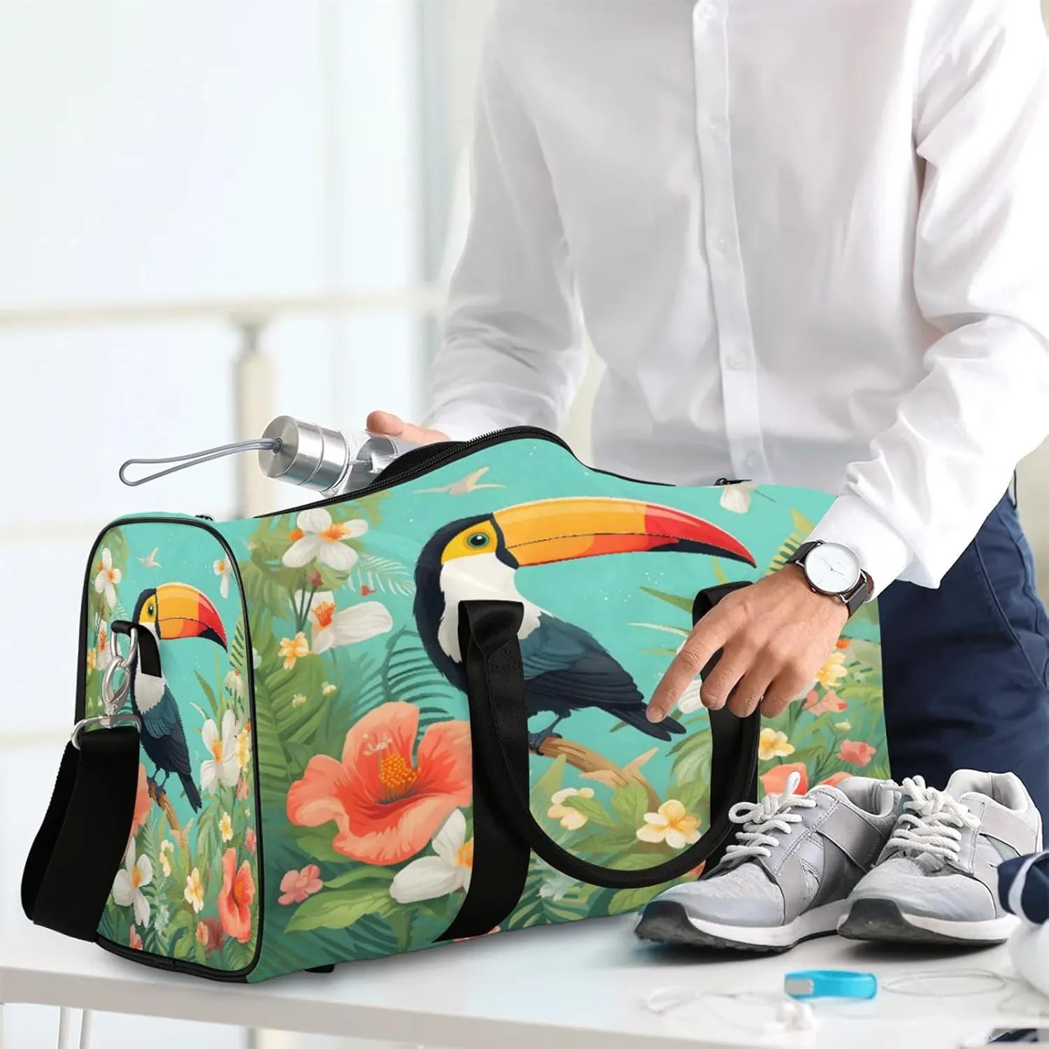 Tropical Toucan Bird Travel Duffle Bag, Sports Gym Bags for Women Men, Carry On Weekender Overnight Workout Airplane Trips Bag
