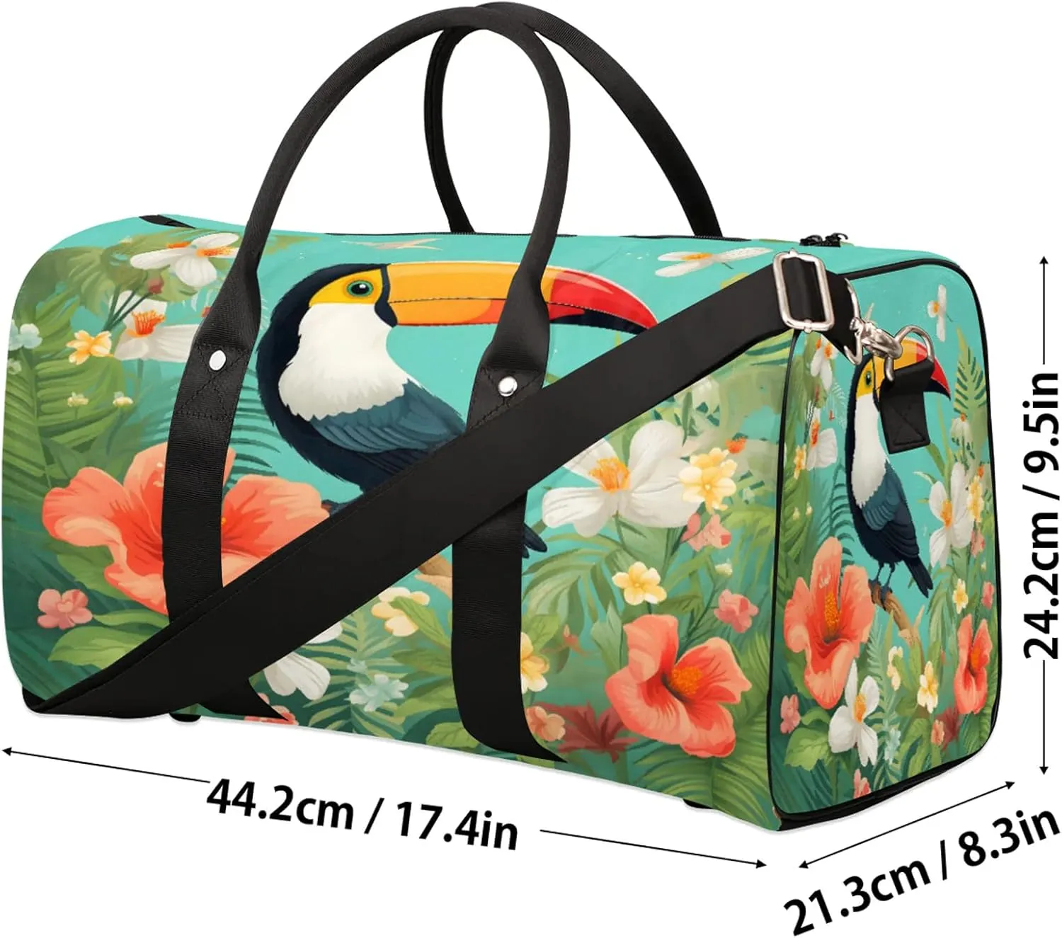 Tropical Toucan Bird Travel Duffle Bag, Sports Gym Bags for Women Men, Carry On Weekender Overnight Workout Airplane Trips Bag