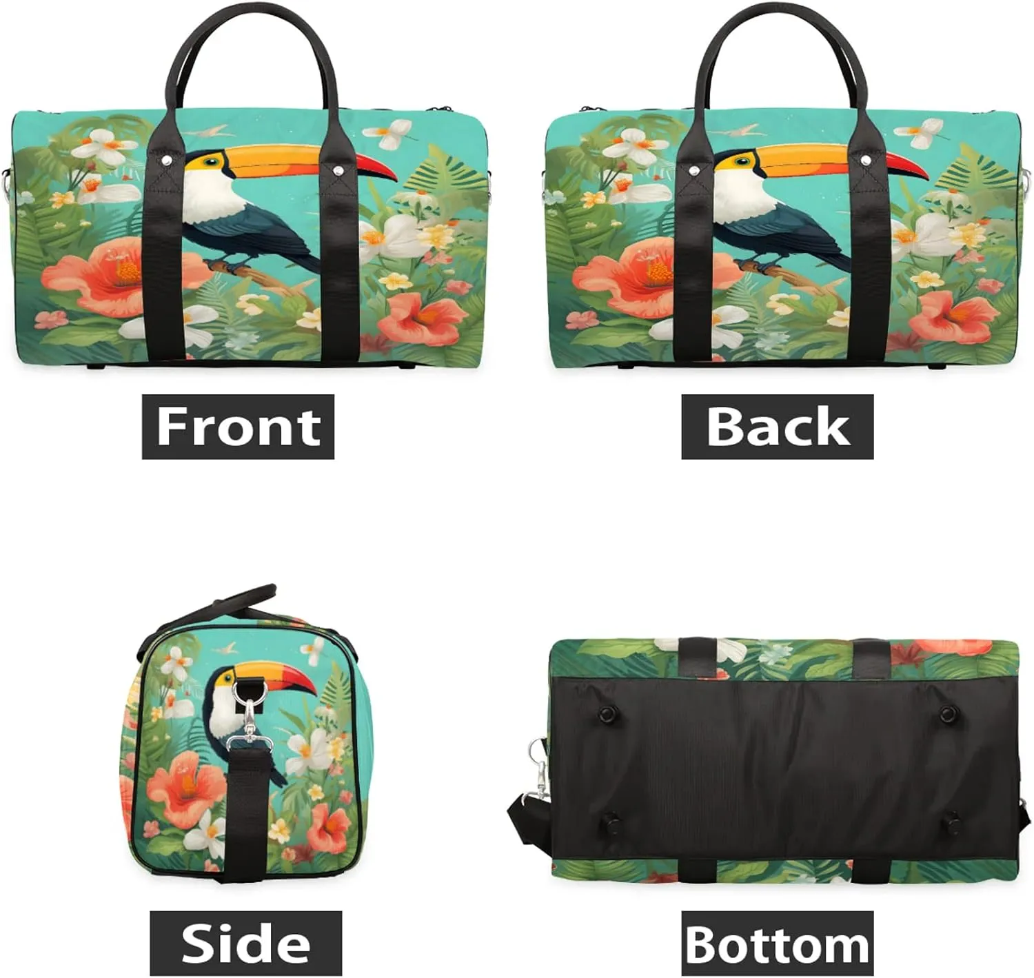 Tropical Toucan Bird Travel Duffle Bag, Sports Gym Bags for Women Men, Carry On Weekender Overnight Workout Airplane Trips Bag