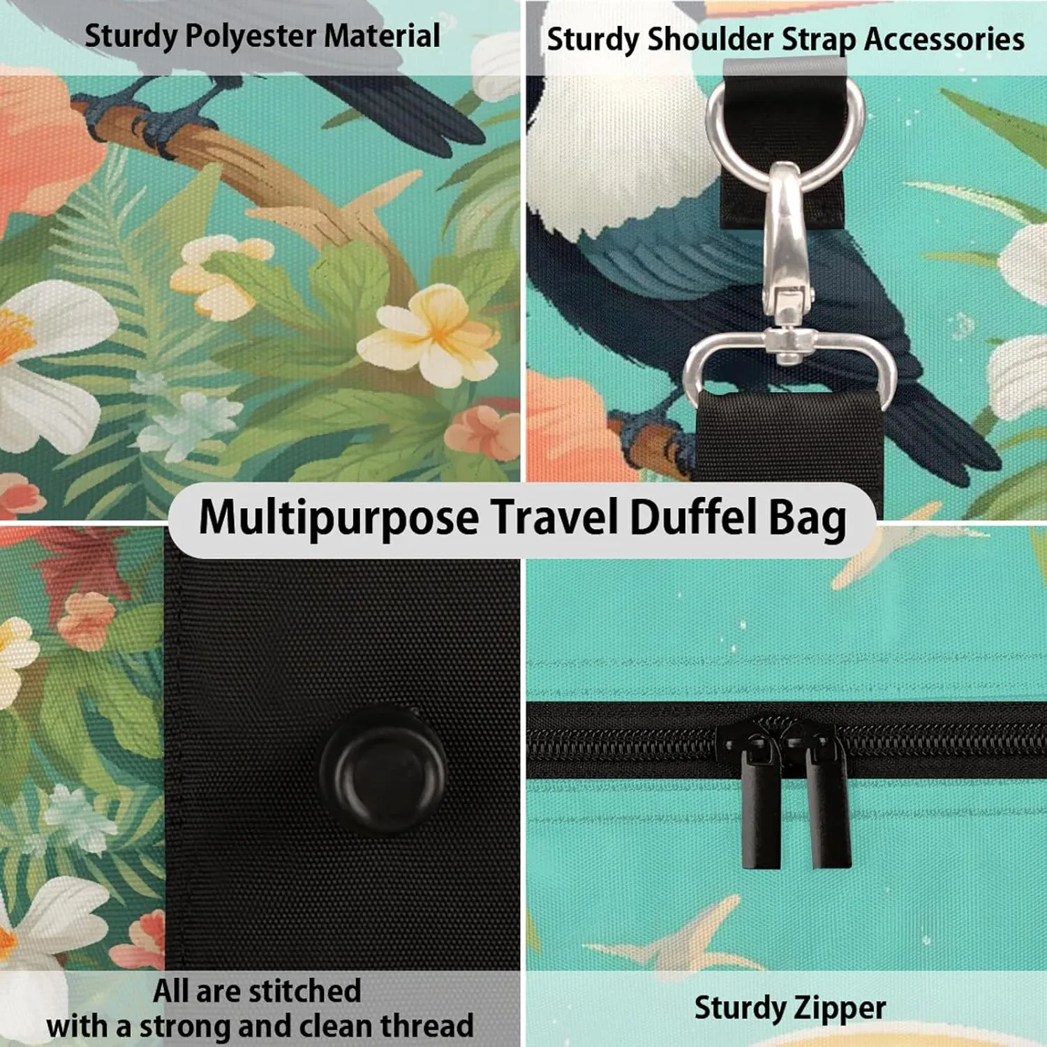 Tropical Toucan Bird Travel Duffle Bag, Sports Gym Bags for Women Men, Carry On Weekender Overnight Workout Airplane Trips Bag