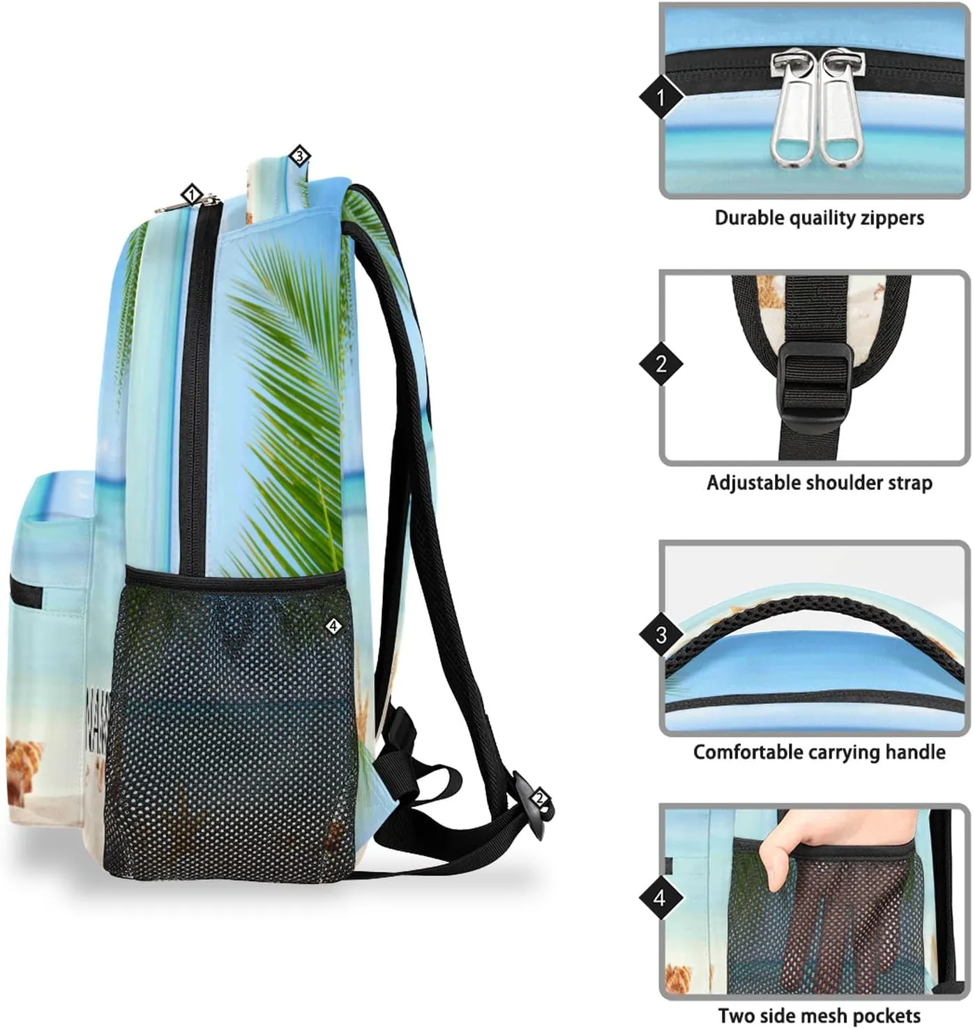 TropicalLife Ocean Sea Beach Themed Custom Backpack, Starfish Seashell Personalized Backpacks with Name Bookbag Shoulder School Computer Hiking Gym Travel Casual Daypack