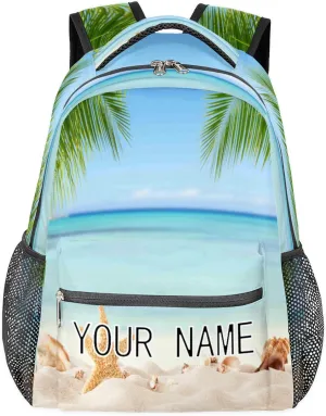 TropicalLife Ocean Sea Beach Themed Custom Backpack, Starfish Seashell Personalized Backpacks with Name Bookbag Shoulder School Computer Hiking Gym Travel Casual Daypack