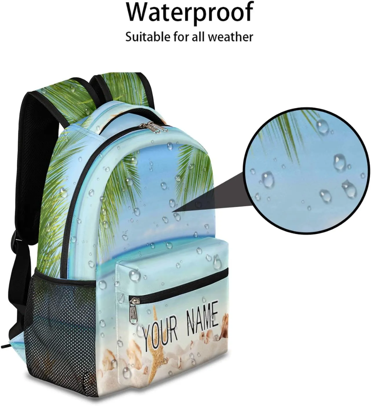 TropicalLife Ocean Sea Beach Themed Custom Backpack, Starfish Seashell Personalized Backpacks with Name Bookbag Shoulder School Computer Hiking Gym Travel Casual Daypack