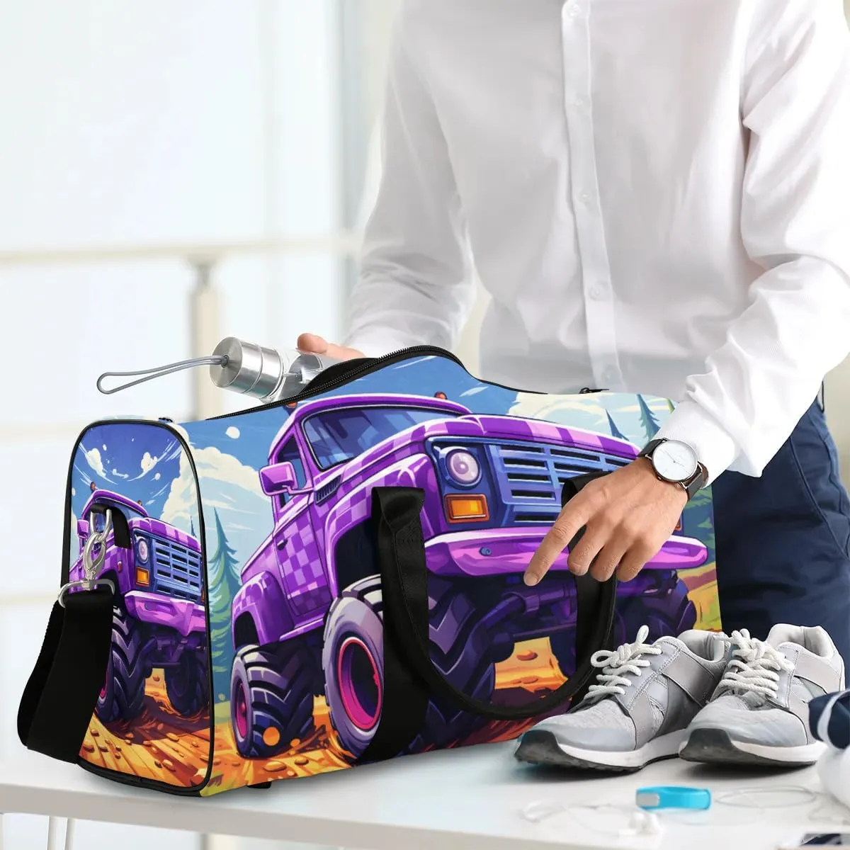 Truck Monster Car Travel Duffel Bag for Women Men Waterproof Foldable Overnight Weekender Bag Large Capacity Sports Gym Bag
