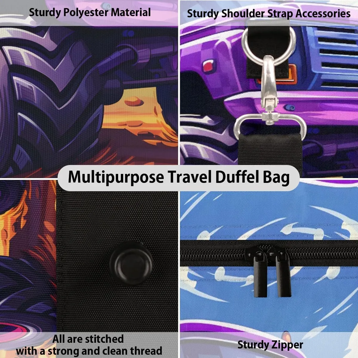 Truck Monster Car Travel Duffel Bag for Women Men Waterproof Foldable Overnight Weekender Bag Large Capacity Sports Gym Bag