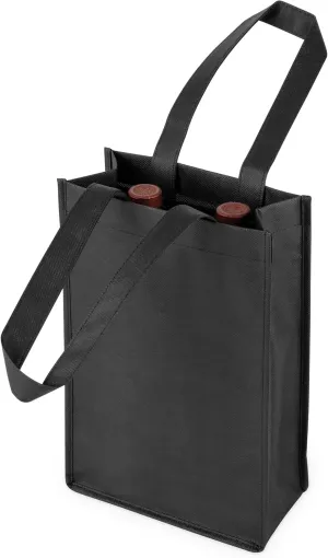TRUE Reusable Wine Tote Bag with Dividers Foldable 2 Bottle Carrier for Travel, Picnic, Grocery, Camping, Shopping, Black, Set of 1