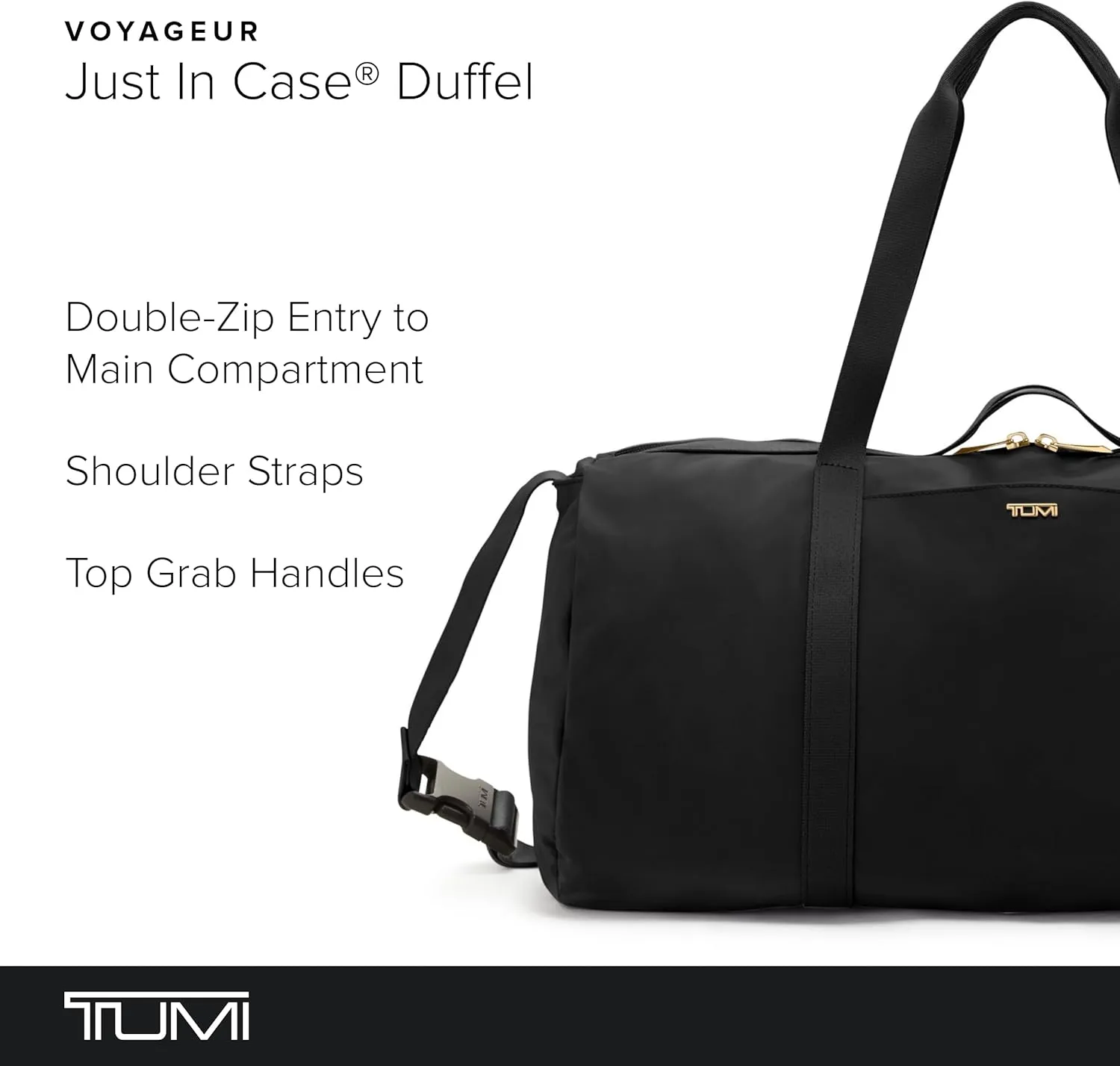 TUMI - Just In Case Duffel Bag - Packable Travel Bag - Carry On Duffel Bag - Water-Resistant - 10.3" X 18.9" X 10.3" - Black with Gold Hardware