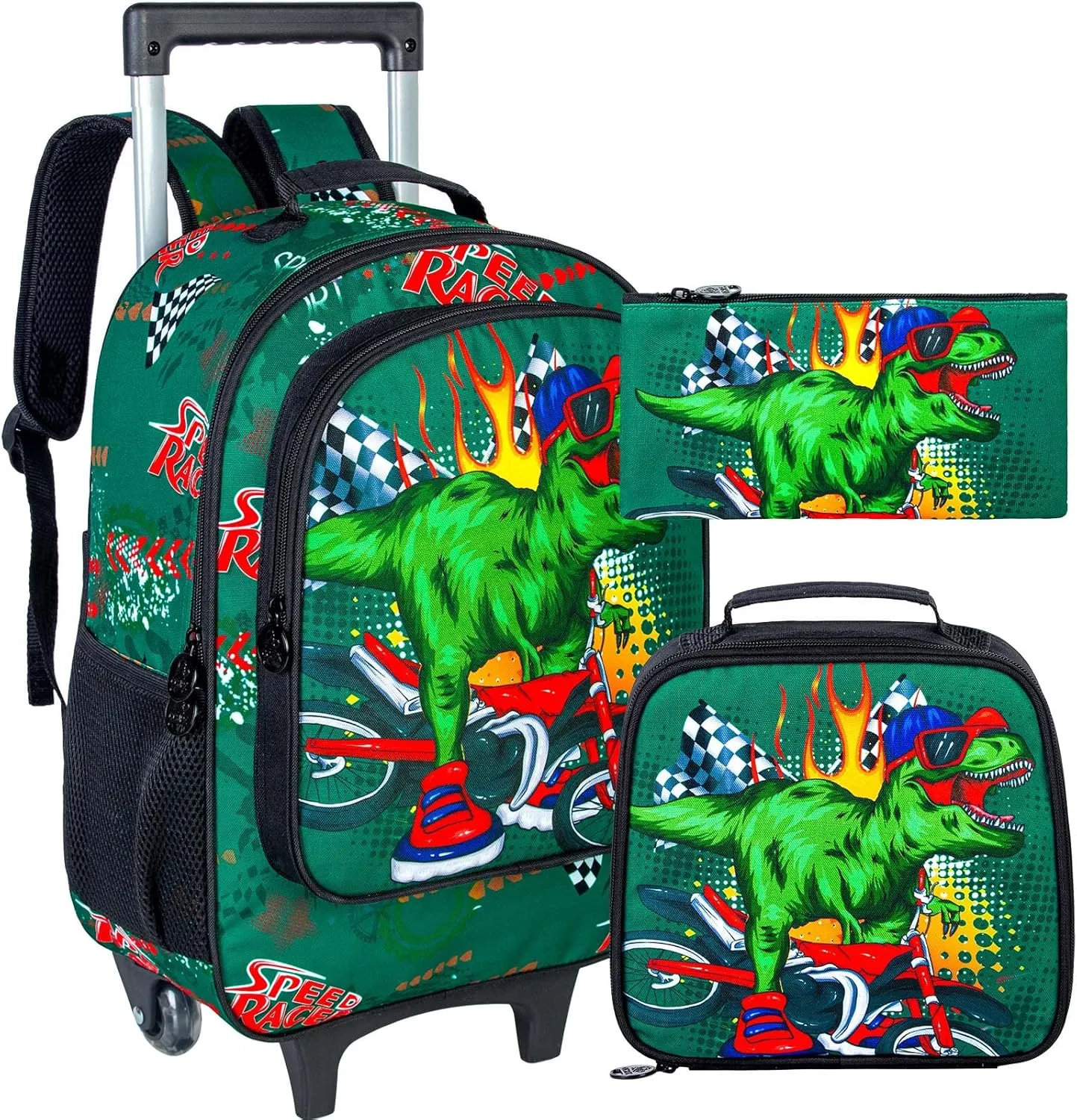 UFNDC 3PCS Kids Rolling Backpack, Dinosaur Wheeled Bookbag for Boys,Travel Roller School Bag with Wheels