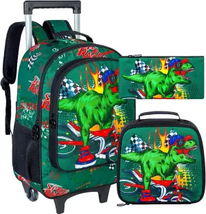 UFNDC 3PCS Kids Rolling Backpack, Dinosaur Wheeled Bookbag for Boys,Travel Roller School Bag with Wheels