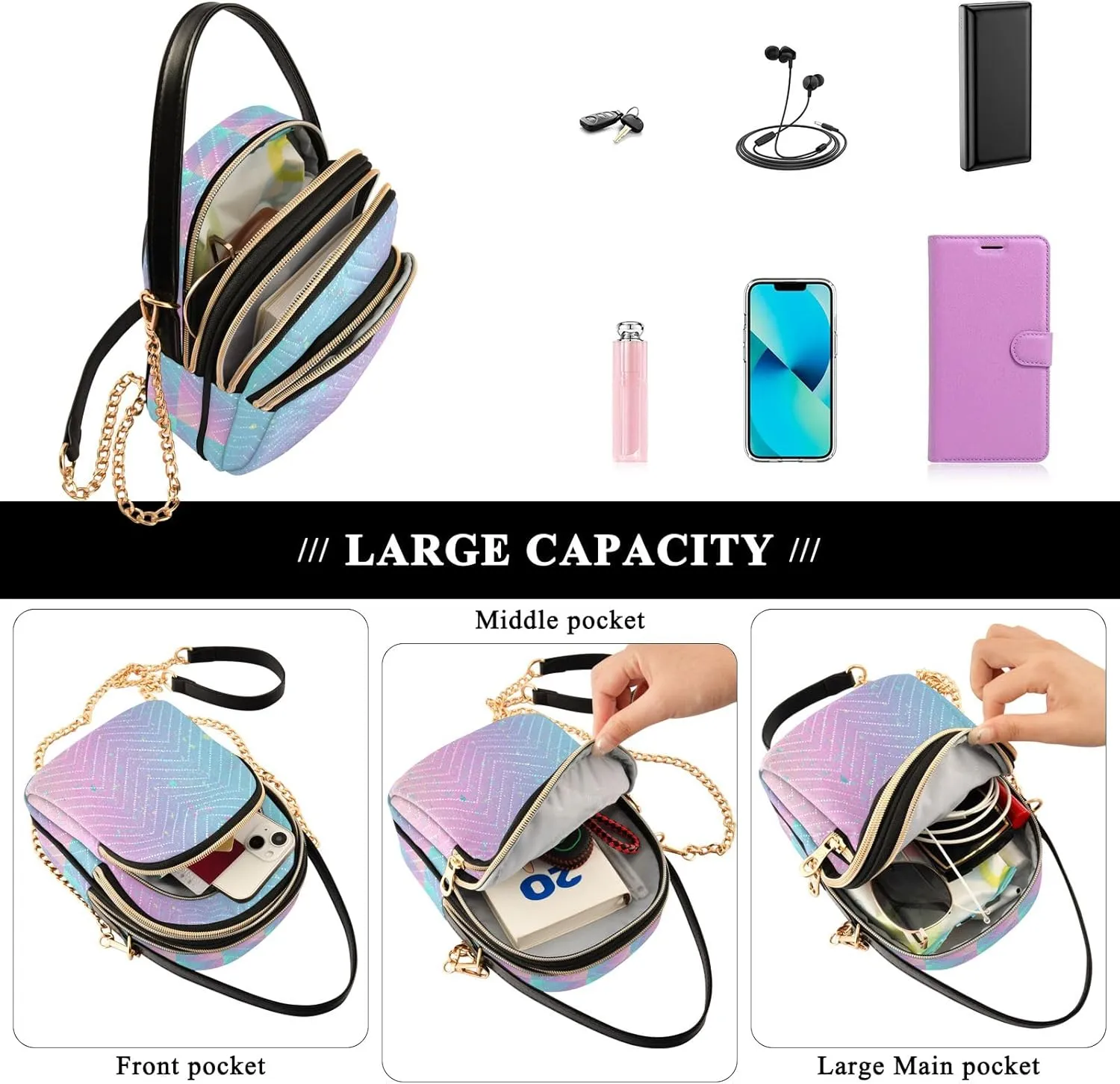 Unicorn Background with Rainbow Crossbody Handbags for Women Casual Leather Shoulder Phone Purse