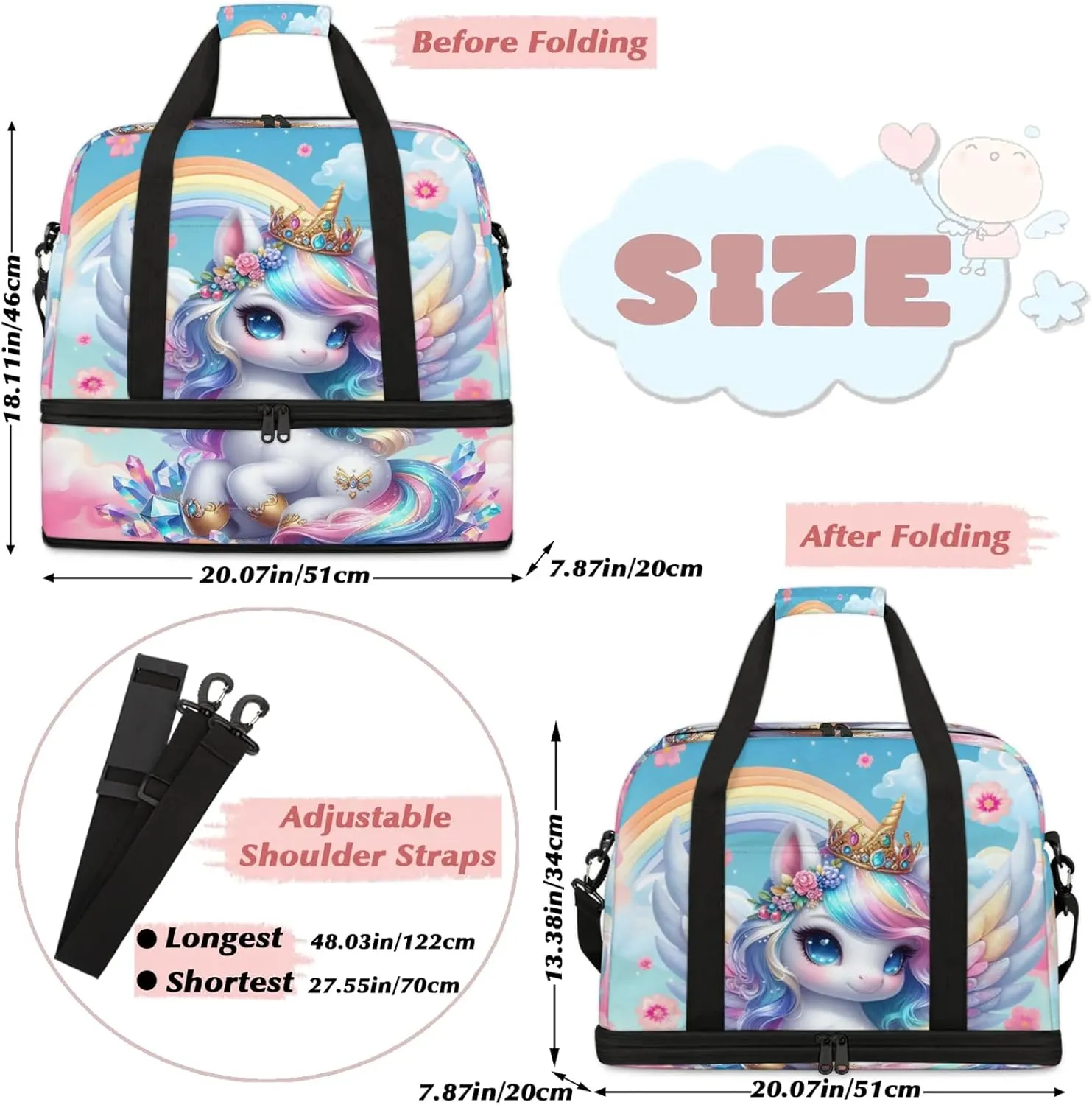 Unicorn Wings Animal Cute Travel Duffel Bags for Women & Men Large Sports Gym Bags Foldie Weekender Overnight Bag Carry On Tote Bag With Shoe Compartment Personal Item Bag for Travel Sports Gym