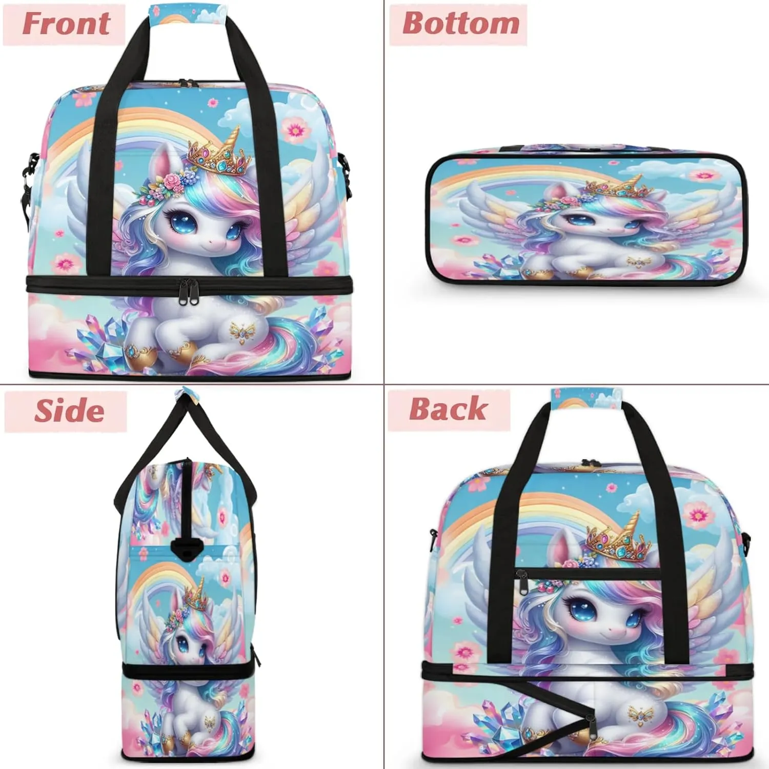 Unicorn Wings Animal Cute Travel Duffel Bags for Women & Men Large Sports Gym Bags Foldie Weekender Overnight Bag Carry On Tote Bag With Shoe Compartment Personal Item Bag for Travel Sports Gym