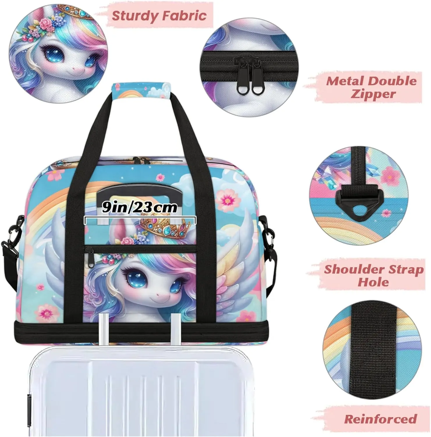 Unicorn Wings Animal Cute Travel Duffel Bags for Women & Men Large Sports Gym Bags Foldie Weekender Overnight Bag Carry On Tote Bag With Shoe Compartment Personal Item Bag for Travel Sports Gym