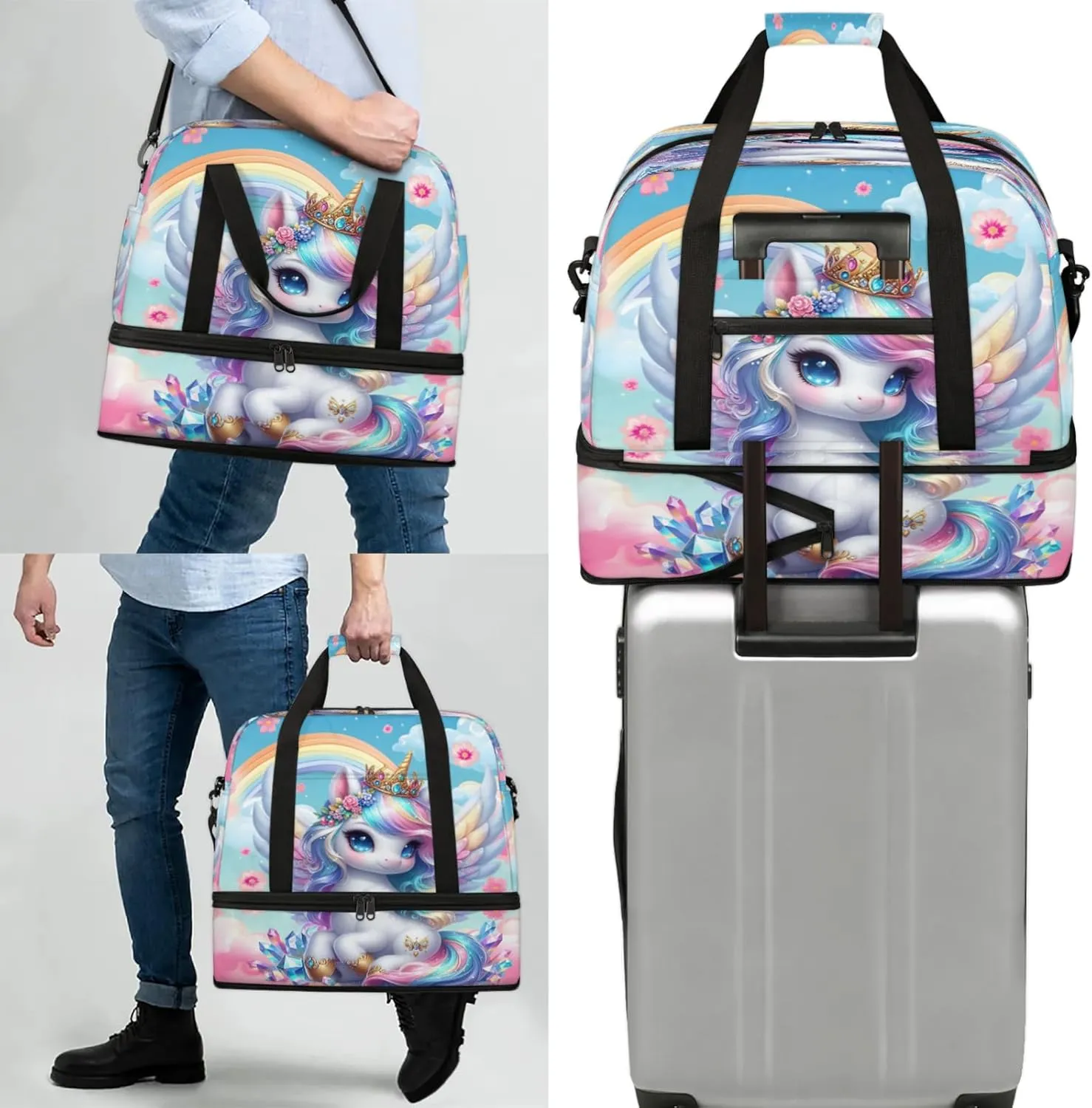 Unicorn Wings Animal Cute Travel Duffel Bags for Women & Men Large Sports Gym Bags Foldie Weekender Overnight Bag Carry On Tote Bag With Shoe Compartment Personal Item Bag for Travel Sports Gym