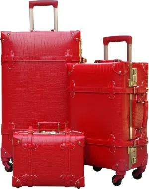 urecity Vintage Luggage Sets of 3 Piece - Hardside Lightweight Spinner Suitcases - Retro Travel Set includes Under Seat Train Case, 26" 20" 12" (Red Alligator)