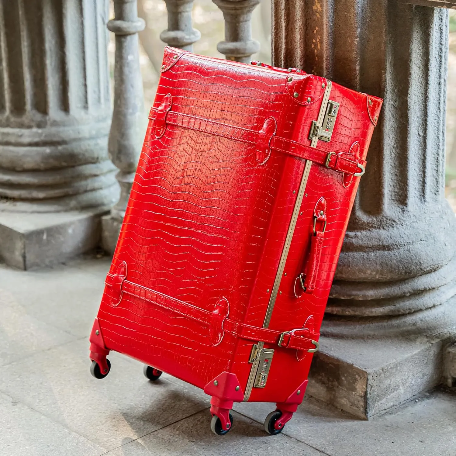 urecity Vintage Luggage Sets of 3 Piece - Hardside Lightweight Spinner Suitcases - Retro Travel Set includes Under Seat Train Case, 26" 20" 12" (Red Alligator)