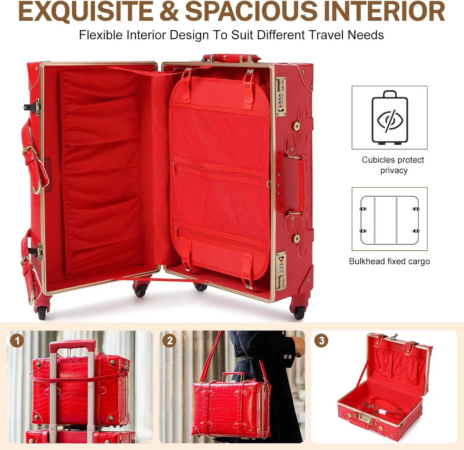 urecity Vintage Luggage Sets of 3 Piece - Hardside Lightweight Spinner Suitcases - Retro Travel Set includes Under Seat Train Case, 26" 20" 12" (Red Alligator)