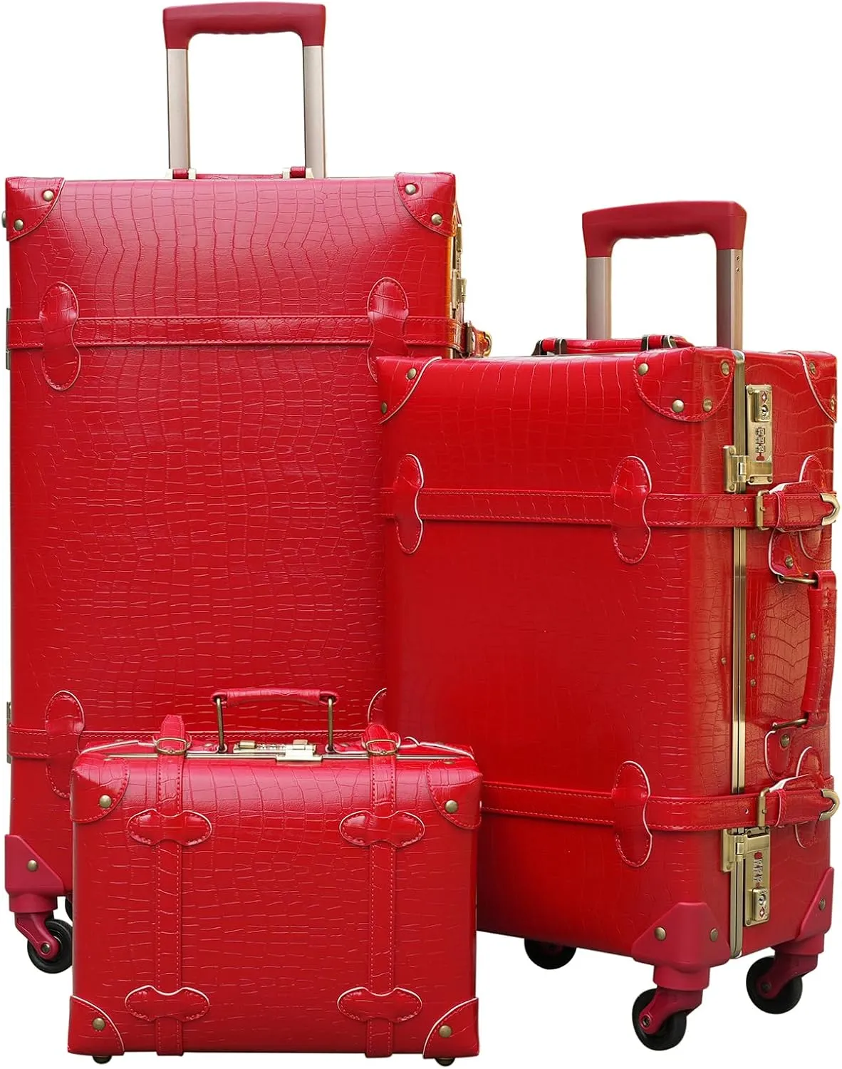 urecity Vintage Luggage Sets of 3 Piece - Hardside Lightweight Spinner Suitcases - Retro Travel Set includes Under Seat Train Case, 26" 20" 12" (Red Alligator)