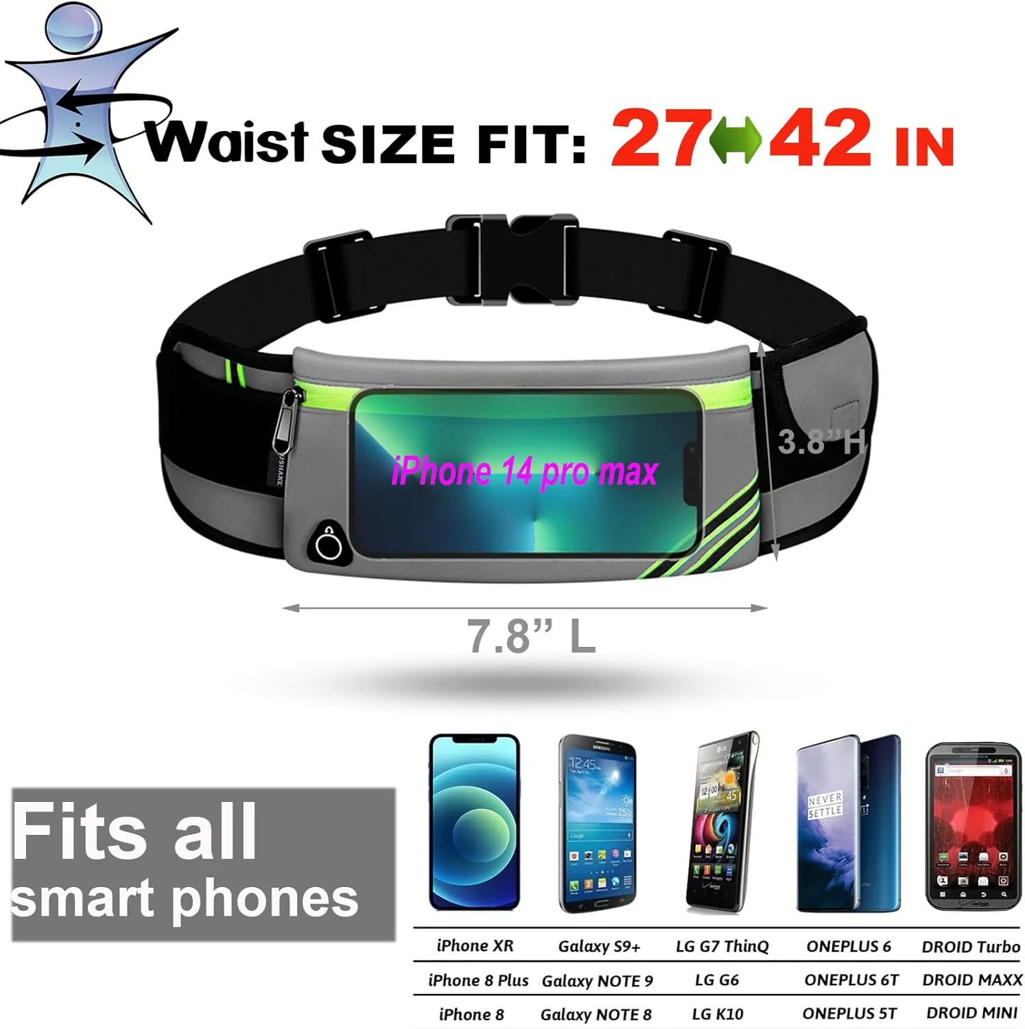 USHAKE Running Belt with Bounce-Free Pouch for iPhone and Samsung Galaxy - Ideal for Running, Walking, Cycling, and Gym Workouts