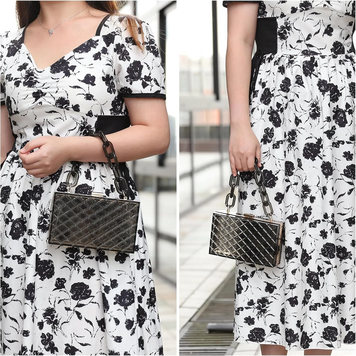 uxcell Women Acrylic Clear Clutch Purses Evening Handbag Crossbody Bag with Chain for Wedding Prom Party, Black/Silver
