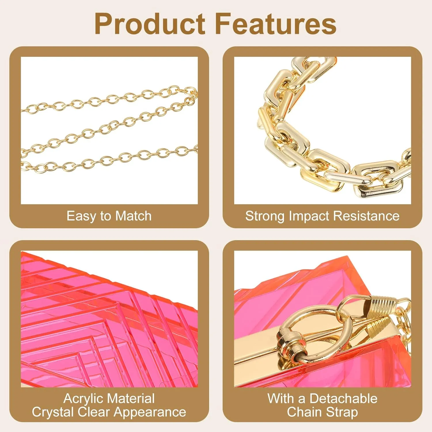uxcell Women Acrylic Clear Clutch Purses Evening Handbag Crossbody Bag with Chain for Wedding Prom Party, Pink/Gold
