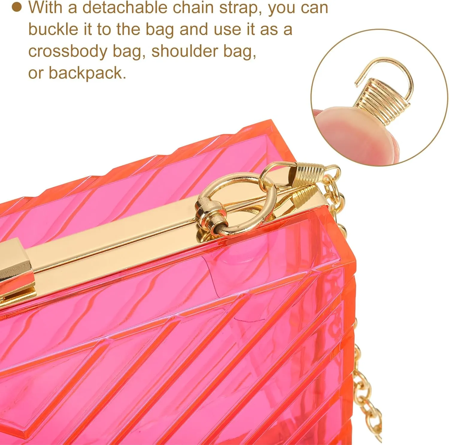 uxcell Women Acrylic Clear Clutch Purses Evening Handbag Crossbody Bag with Chain for Wedding Prom Party, Pink/Gold