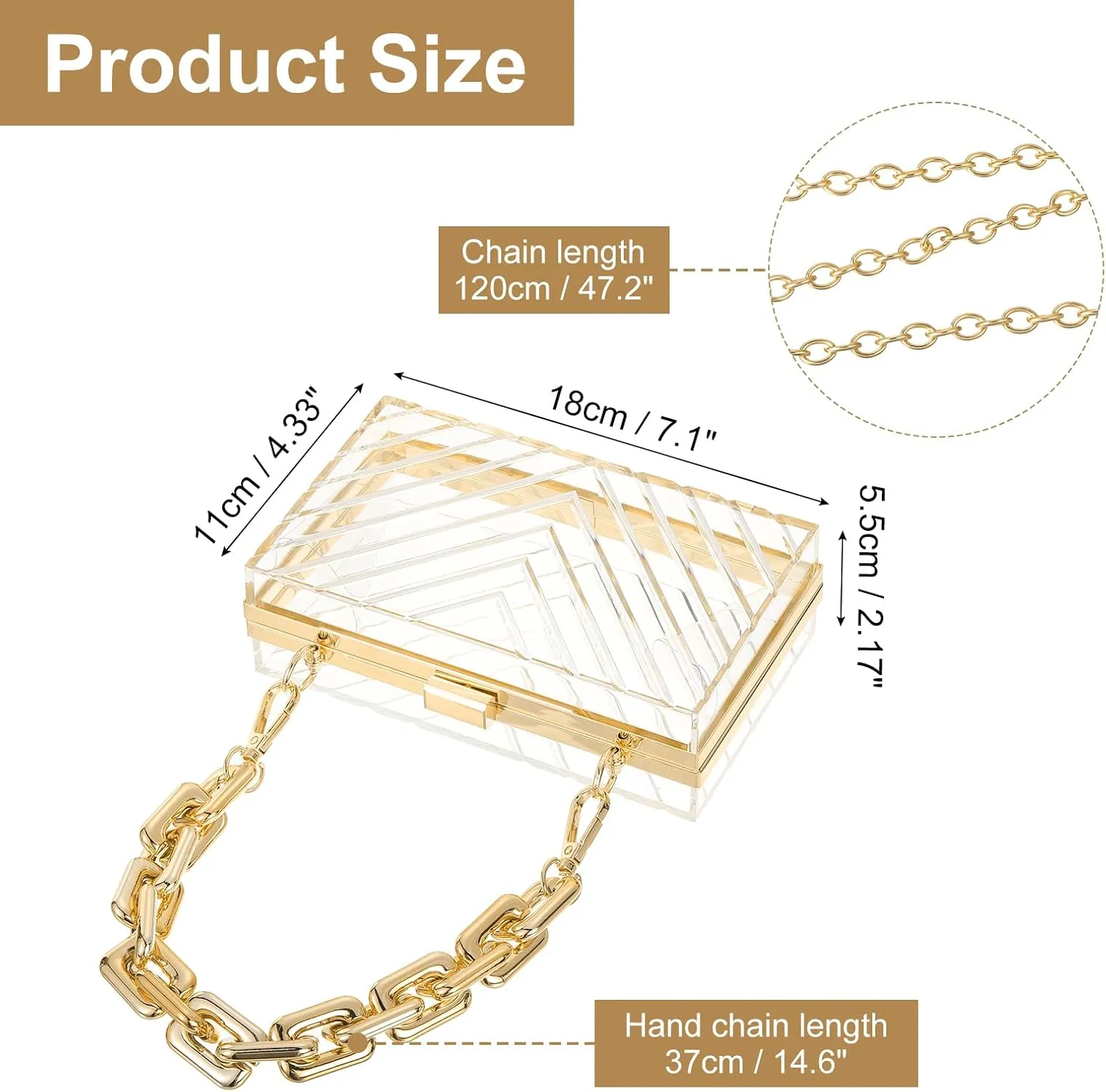 uxcell Women Acrylic Clear Clutch Purses Evening Handbag Crossbody Bag with Chain for Wedding Prom Party, Transparent/Gold