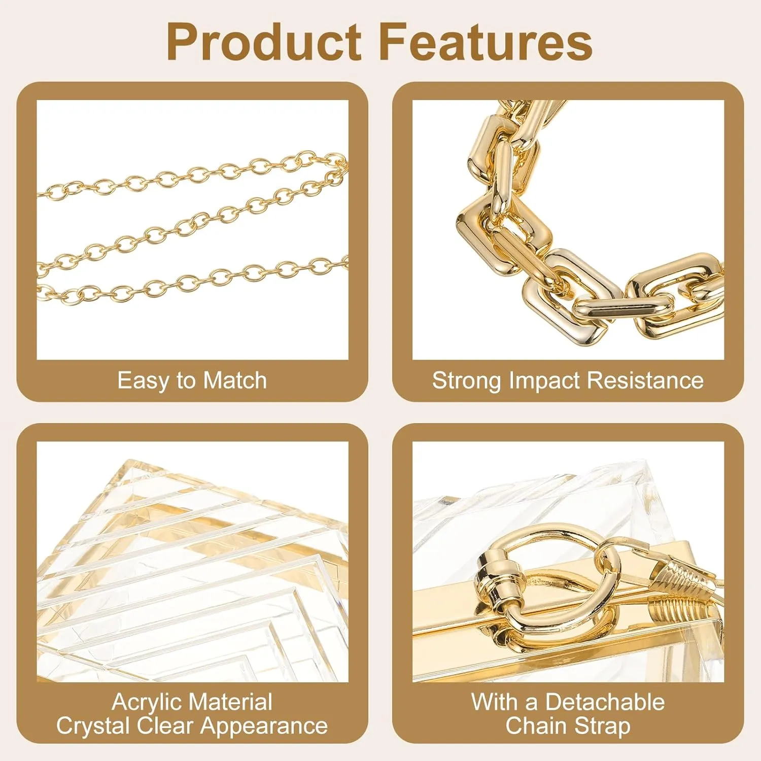 uxcell Women Acrylic Clear Clutch Purses Evening Handbag Crossbody Bag with Chain for Wedding Prom Party, Transparent/Gold
