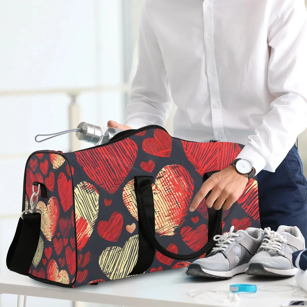 Valentine's Day Love Heart Pattern Travel Duffel Bag for Women Men Waterproof Foldable Overnight Weekender Bag Large Capacity Sports Gym Bag