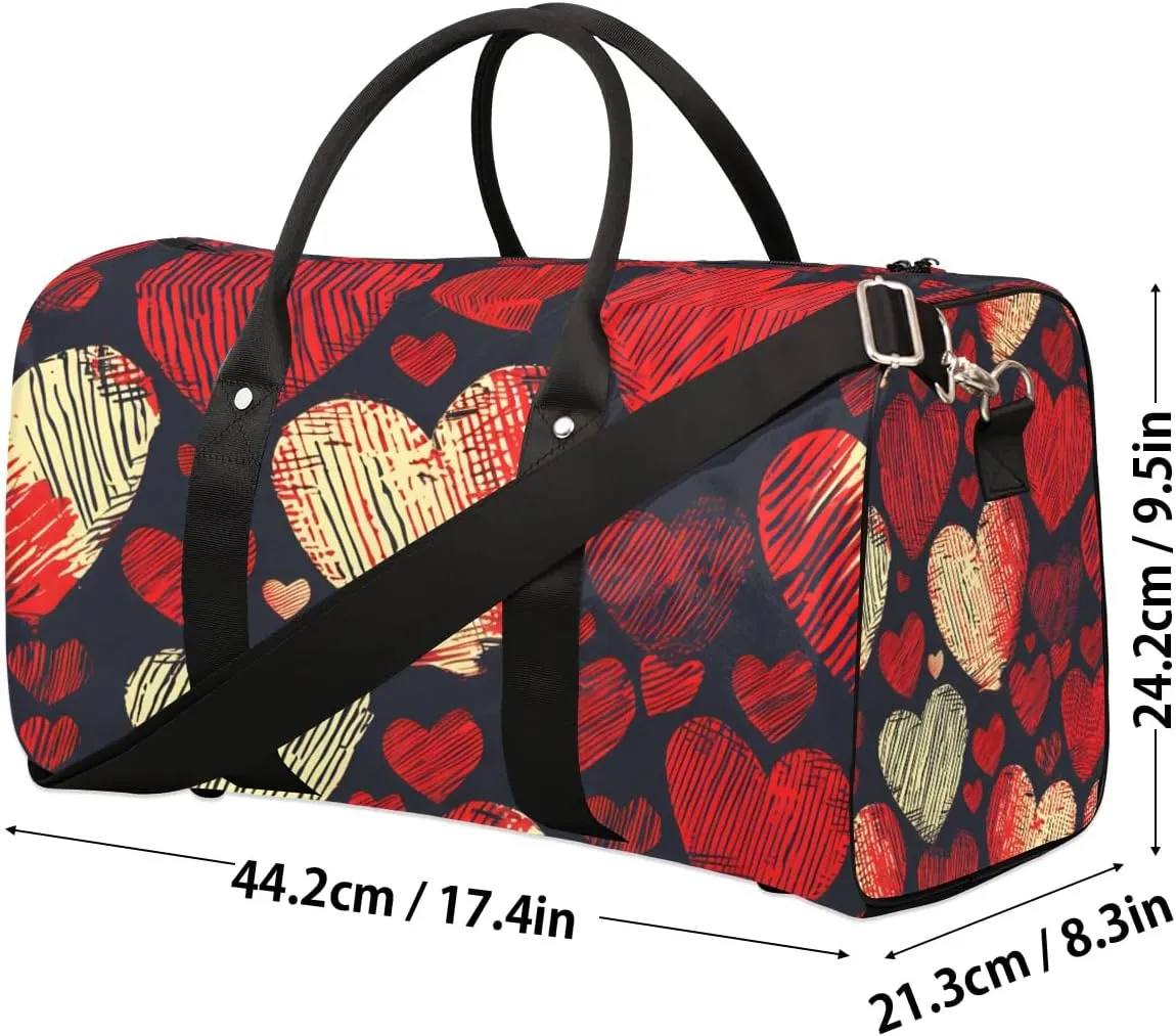 Valentine's Day Love Heart Pattern Travel Duffel Bag for Women Men Waterproof Foldable Overnight Weekender Bag Large Capacity Sports Gym Bag