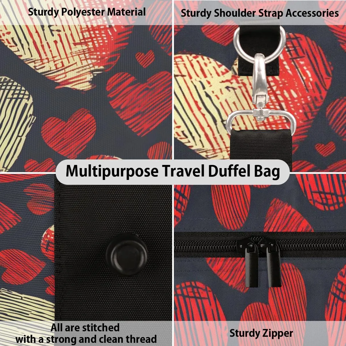 Valentine's Day Love Heart Pattern Travel Duffel Bag for Women Men Waterproof Foldable Overnight Weekender Bag Large Capacity Sports Gym Bag