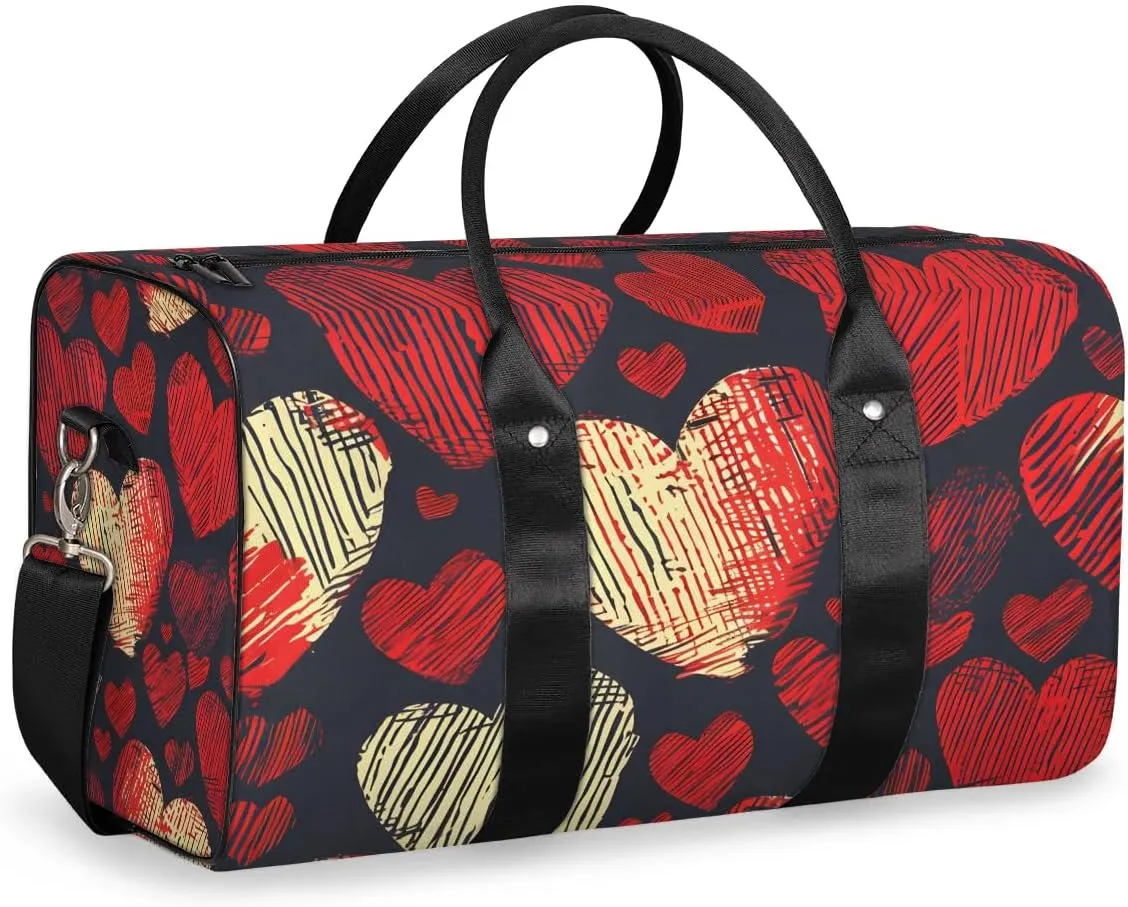 Valentine's Day Love Heart Pattern Travel Duffel Bag for Women Men Waterproof Foldable Overnight Weekender Bag Large Capacity Sports Gym Bag