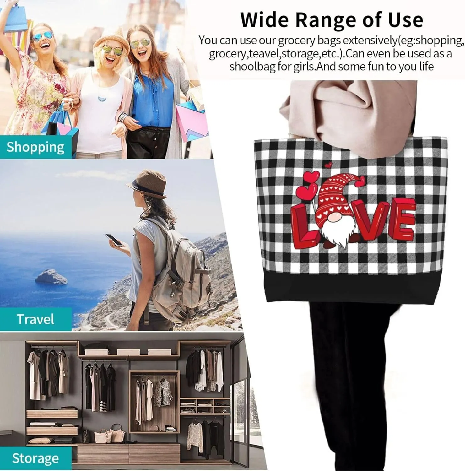 Valentine's Tote Bag Large with Interior Pocket Tote Bag Reusable by Shoulder Tote Bags Travel Bags Shopping Gift