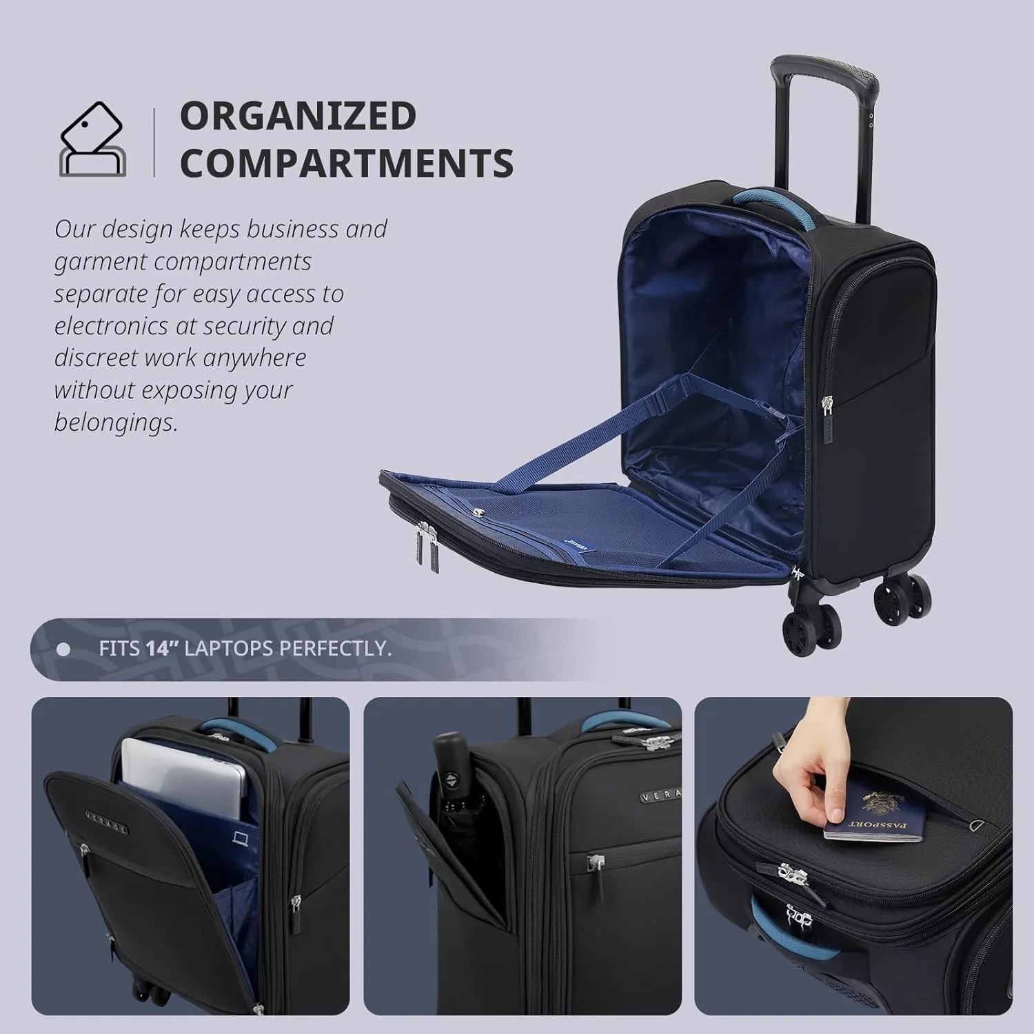 Verage Carry On Underseat Luggage with Wheels & USB Port, 14 Inch Wheeled Spinner Bag Carry-on Luggages for Airlines, Lightweight Suitcase Men Women, Pilots and Crew(14-Inch Compact Underseat Pro)