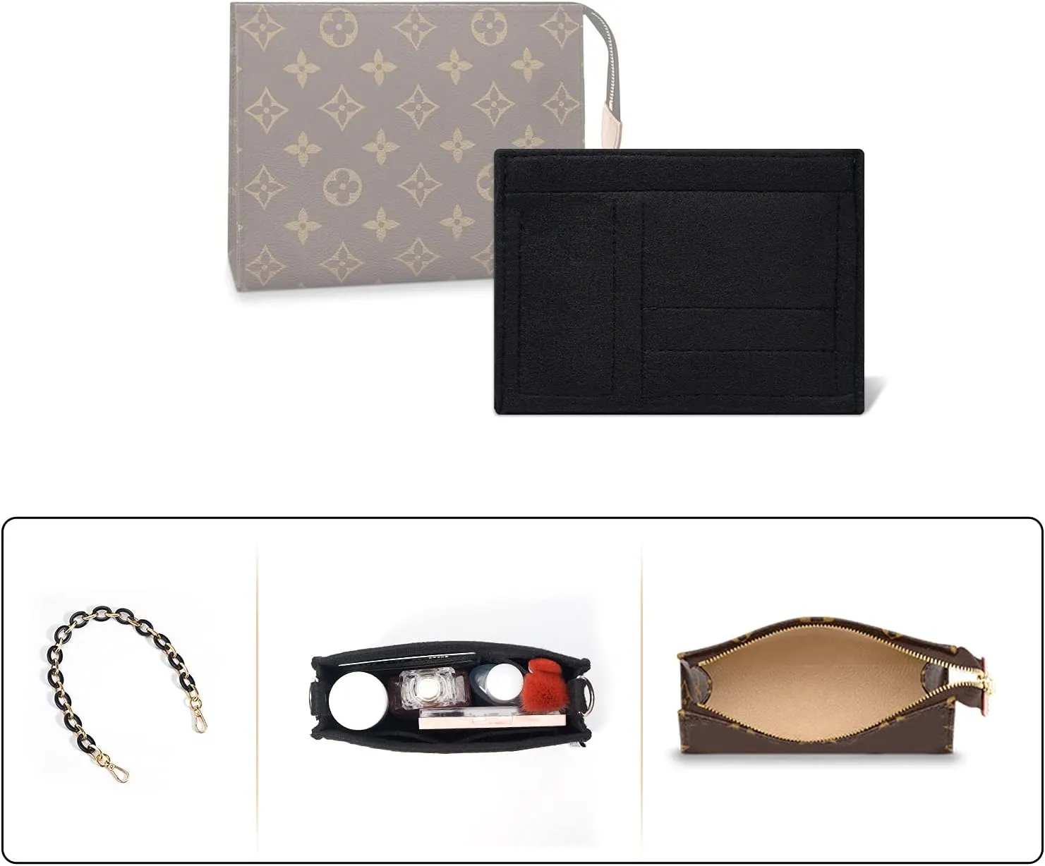 Vercord Felt Purse Insert Organizer LV 26 19 Toiletry Pouch Insert with D Ring Attach Chain Strap