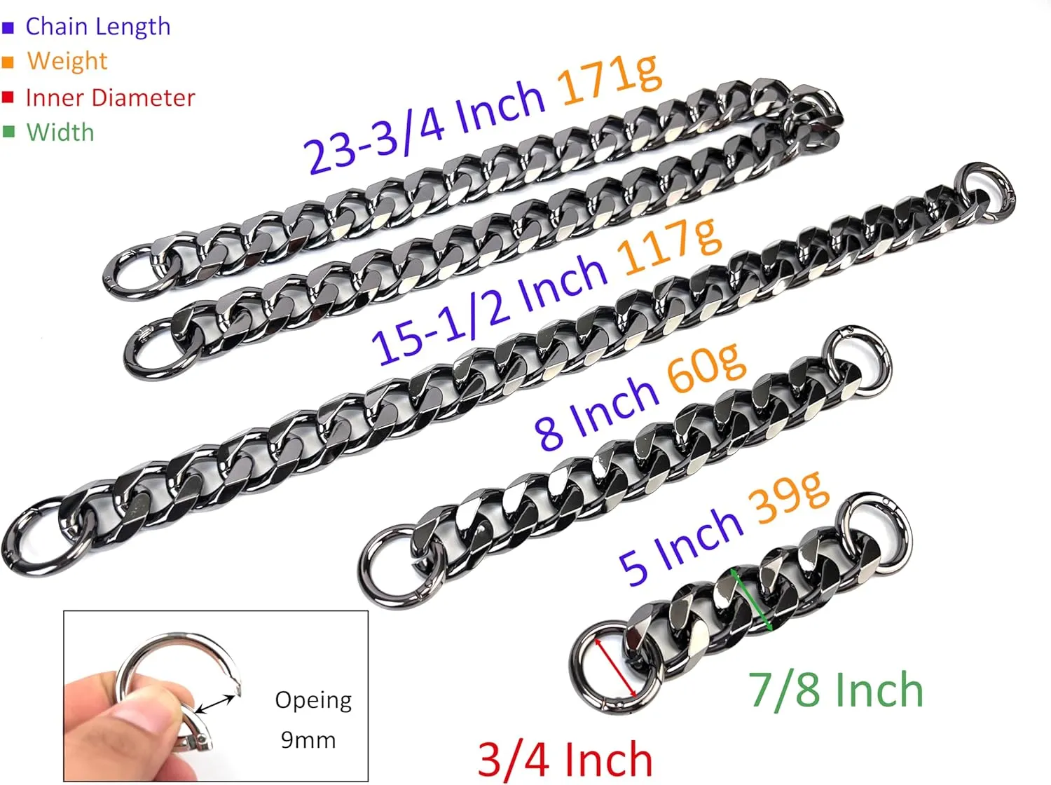 VersaKits Chunky Cuban Chain Charm Purse Strap Aluminum Chain Extender Accessory 15-1/2 Inch Silver Chain Decoration Pants Chain Shoe Chain Dog Collar Chain