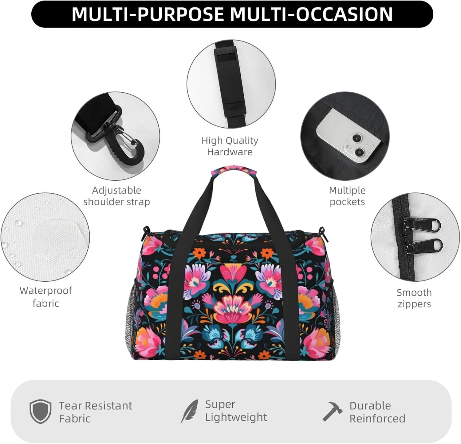 Vintage Flower Bohemian Duffle Bag Foldable Travel Tote Bag Carry On Large Weekender Overnight Bags Waterproof Gym Bag For Women Men