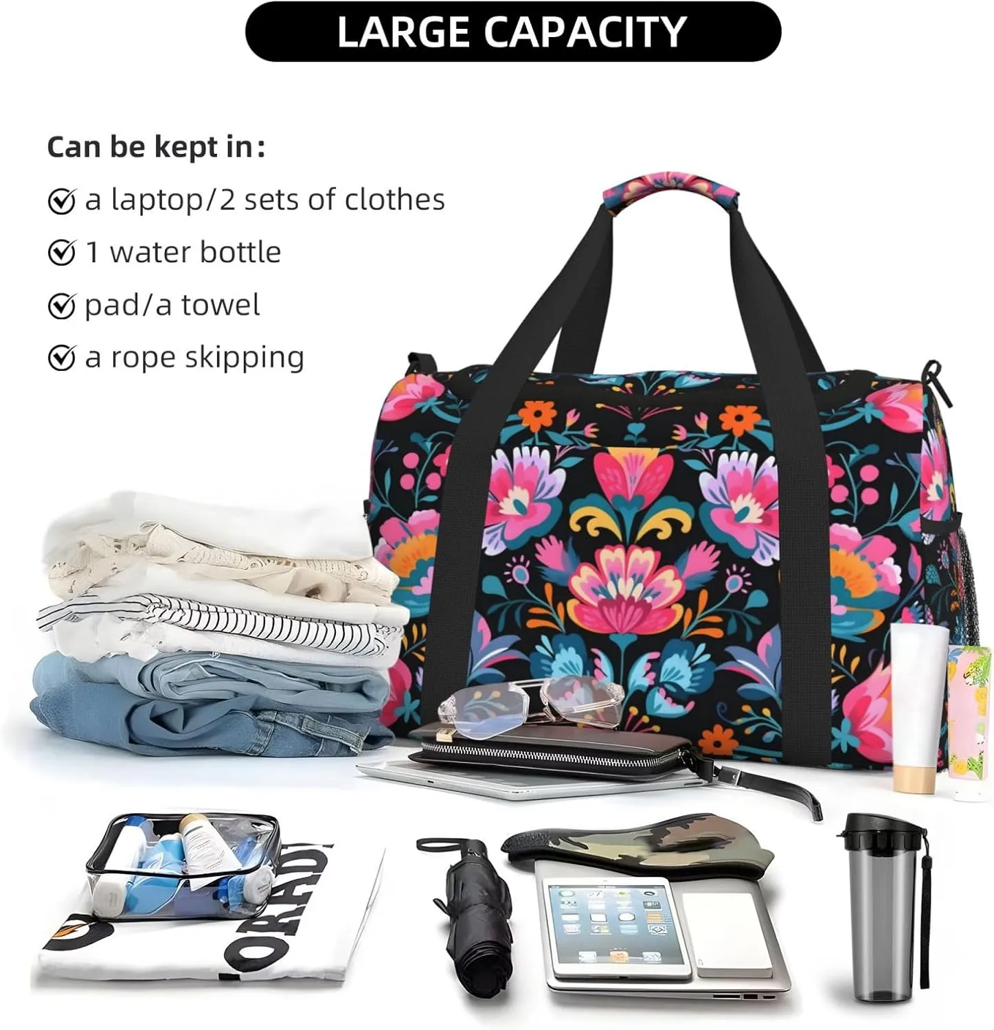Vintage Flower Bohemian Duffle Bag Foldable Travel Tote Bag Carry On Large Weekender Overnight Bags Waterproof Gym Bag For Women Men