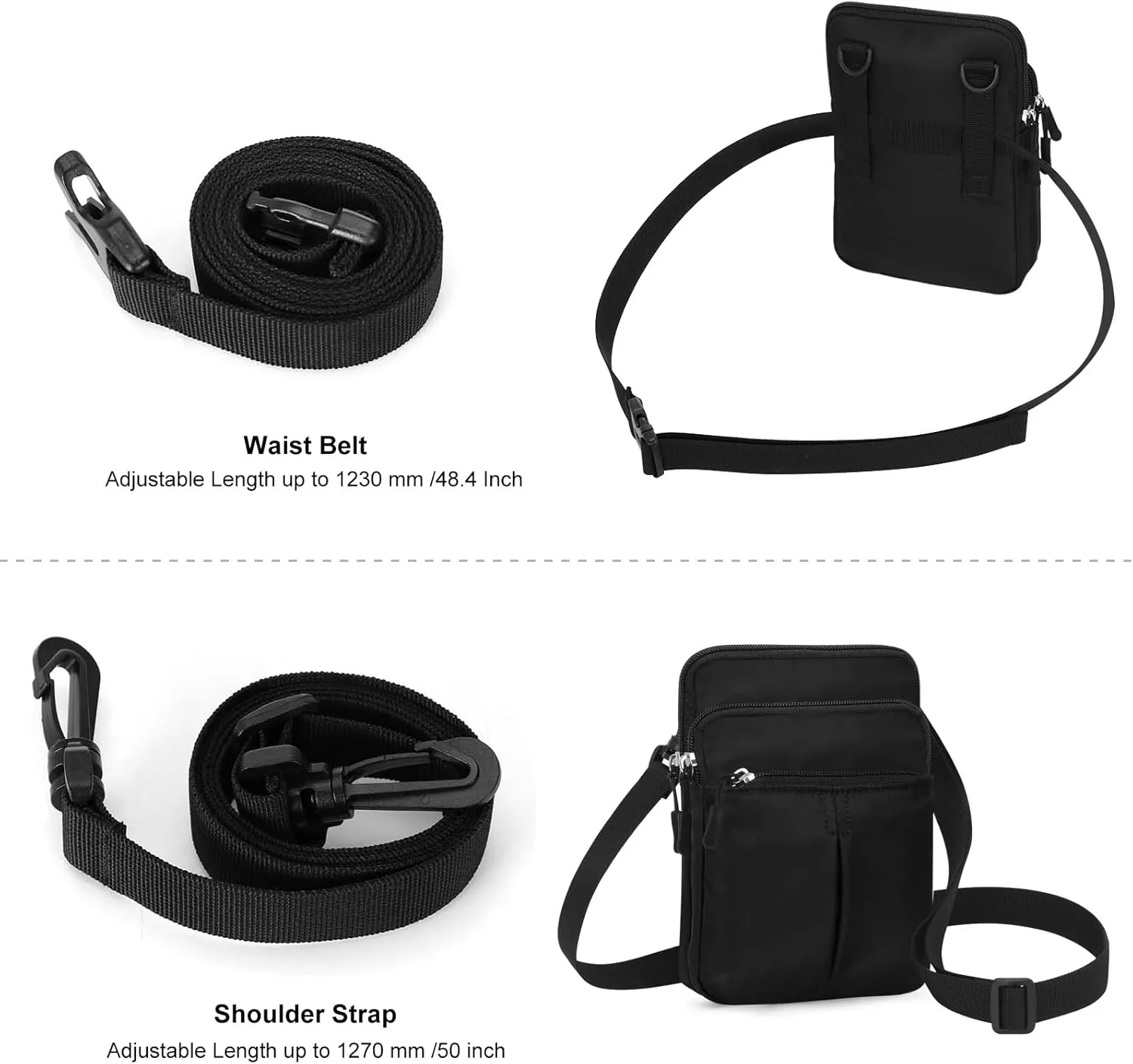 Waist Belt Bag for Women and Men Cross Body Cell Phone Purse Adjustable Shoulder Strap Travel Hip Pouch Multifunctional Fashion Fanny Packs Water Repellent, Black