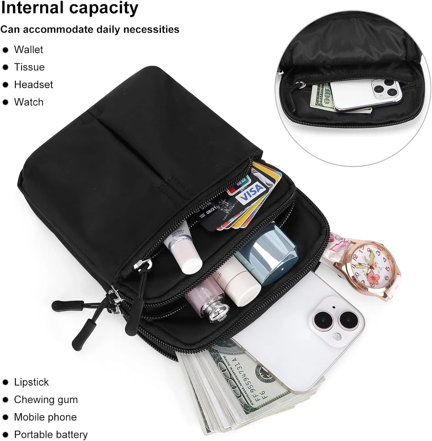 Waist Belt Bag for Women and Men Cross Body Cell Phone Purse Adjustable Shoulder Strap Travel Hip Pouch Multifunctional Fashion Fanny Packs Water Repellent, Black