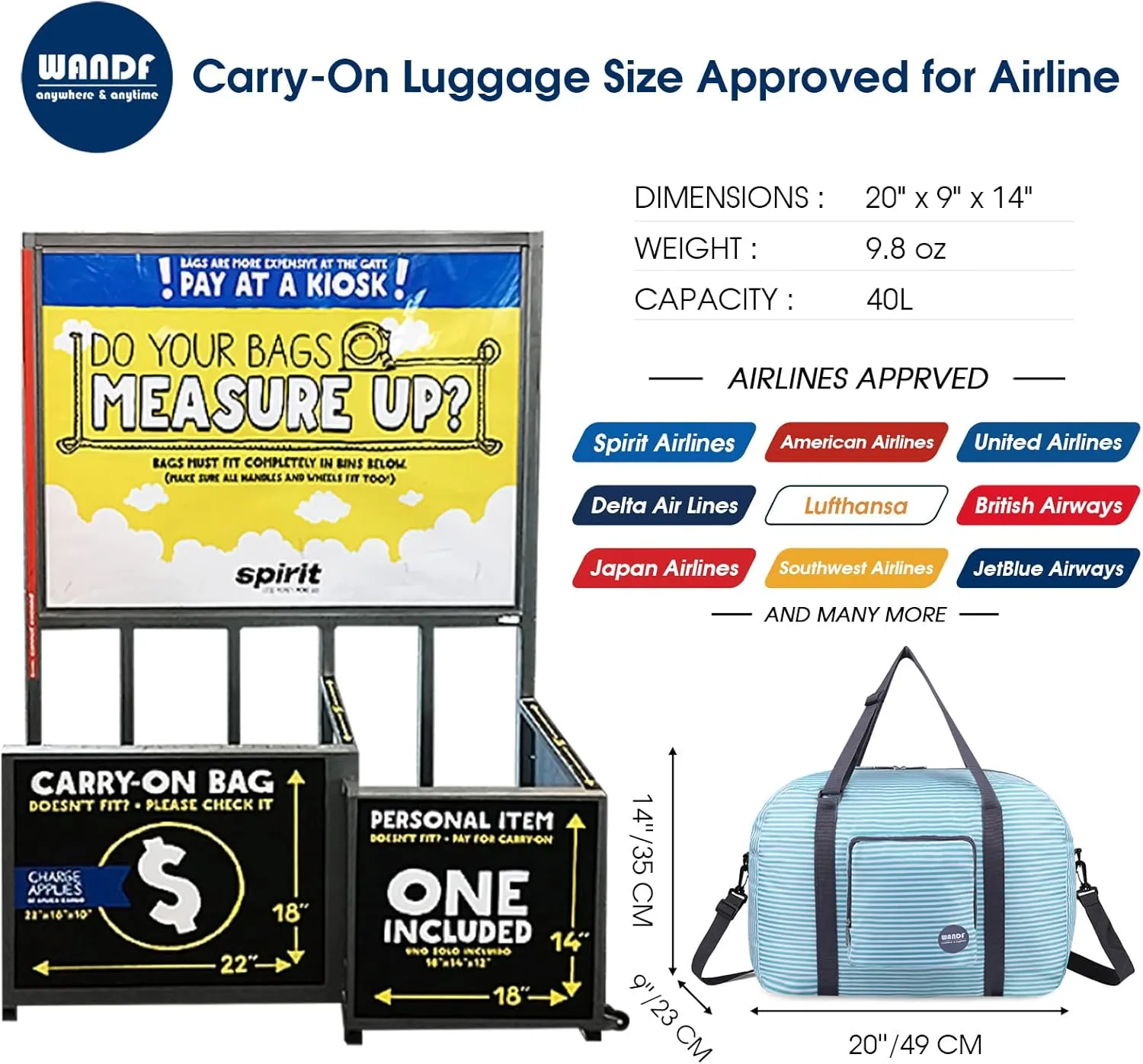 WANDF For Spirit Airlines Personal Item Bag 18x14x8 Foldable Travel Duffel Carry on Weekender Overnight for Women Men