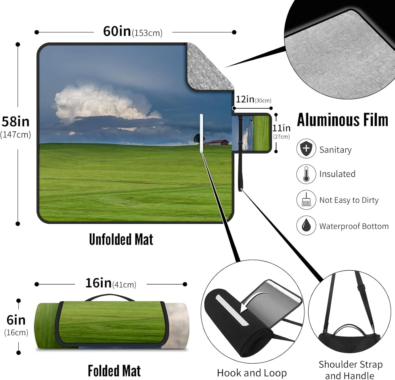 Water Resistant Picnic Mat Foldable Lightweight Extra Large Outdoor Blanket for Camping Beach Yoga Park Travel Family Gatherings Portable and Easy to Clean Ideal for Picnics Grassland Clouds