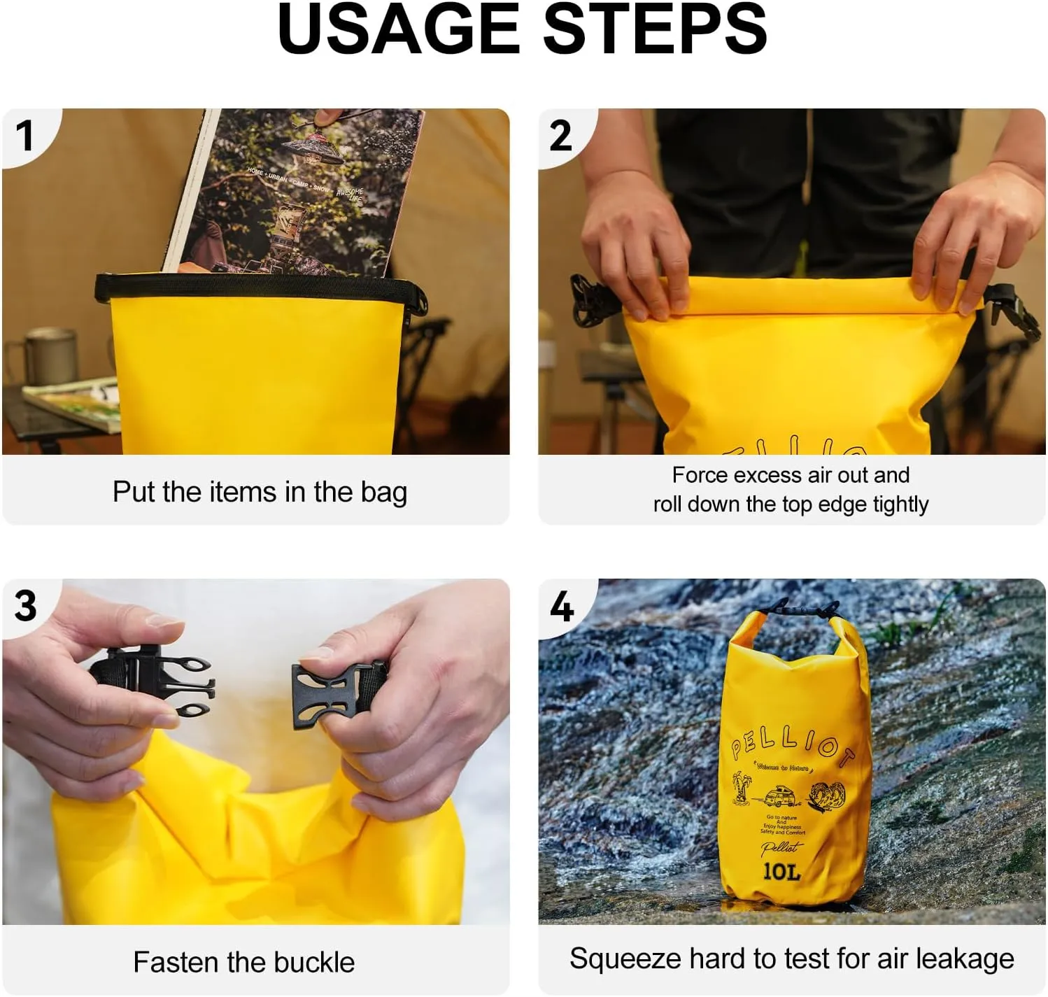Waterproof Dry Bag 10L Tough & Water-repellent Storage Bag with Adjustable Shoulder Straps Lightweight Portable Backpack Dry Bags for Kayaking Yellow