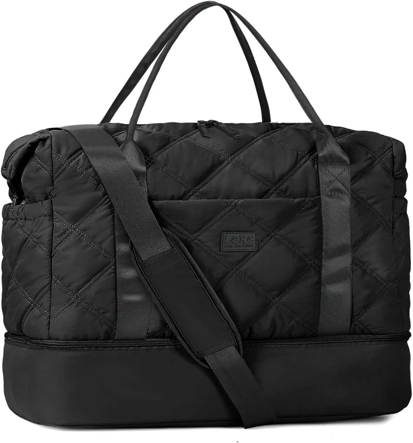 Weekender Bag for Women, Puffer Travel Duffle Bag With Shoes Compartment & Toiletry, Large Carry On Tote for Airplane, Overningt, Bussiness Trip, Gym (Black)