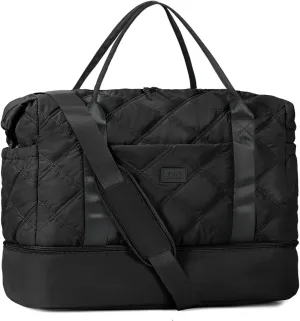 Weekender Bag for Women, Puffer Travel Duffle Bag With Shoes Compartment & Toiletry, Large Carry On Tote for Airplane, Overningt, Bussiness Trip, Gym (Black)